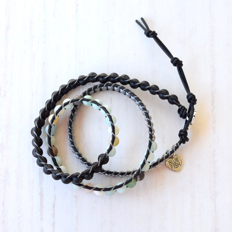 Amazonite, Onyx, & Hematite Beaded Spring Wrap Bracelet