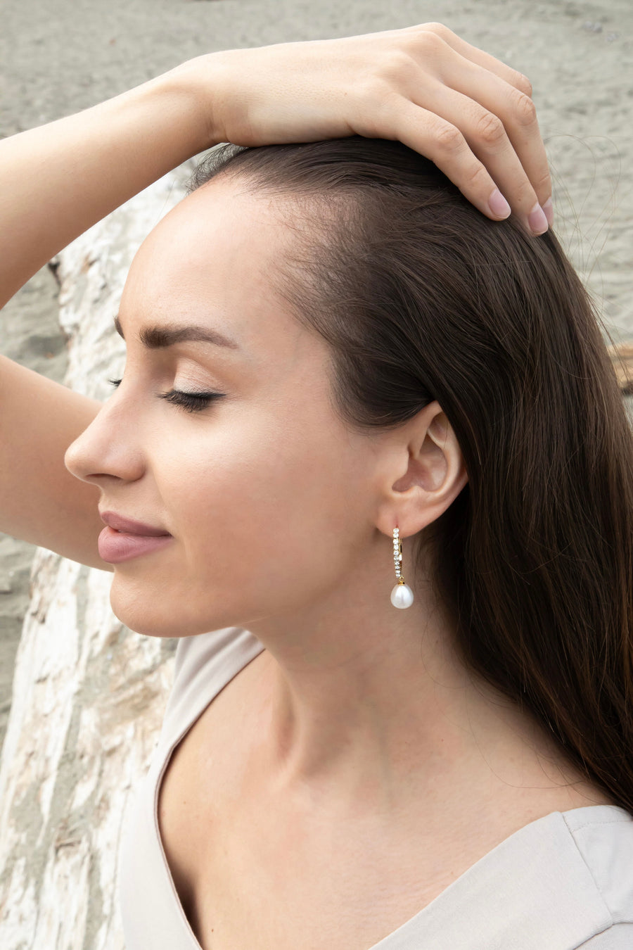 Genuine Gold Pearl Drop Sparkly Hoop Earrings ~ High Quality Pearls & Cubic Zirconia