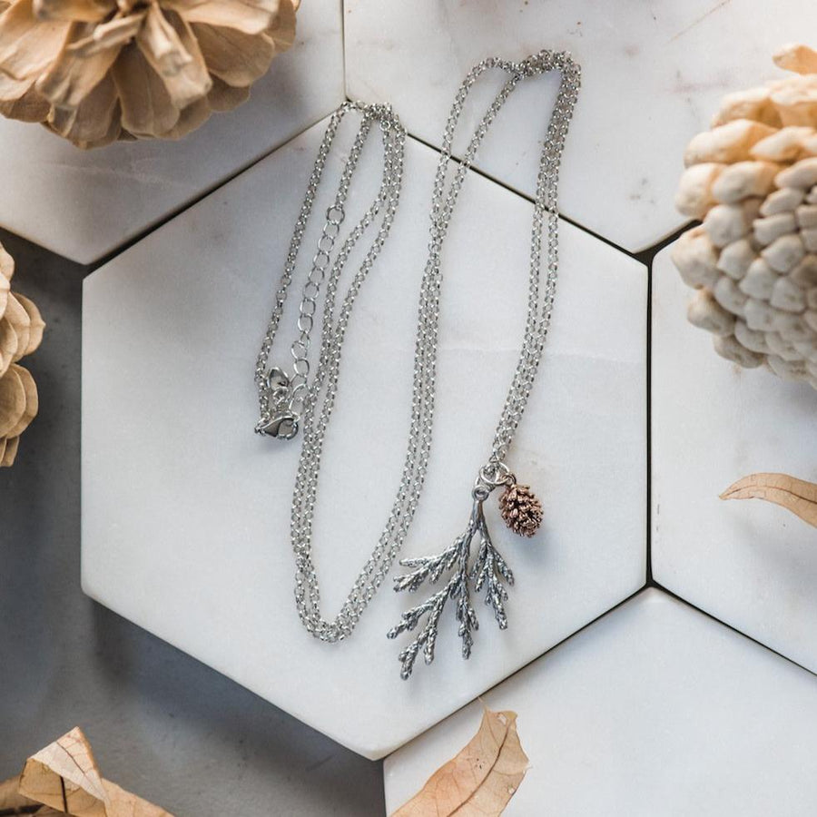 Cedar Sterling Silver Necklace & Sweet Rose Gold Pinecone ~ Woodland Jewelry