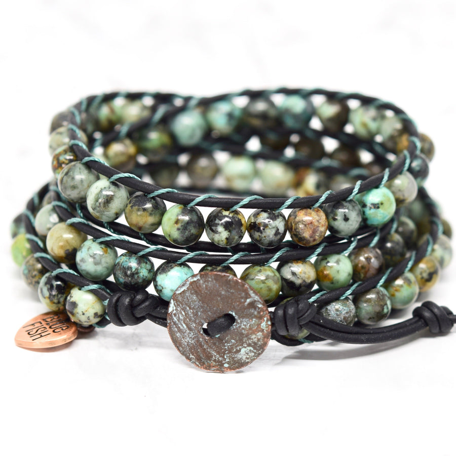 beaded african turquoise leather wrap bracelet