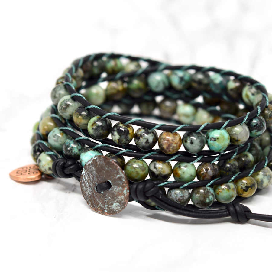 Black Leather & African Turquoise Wrap Bracelet