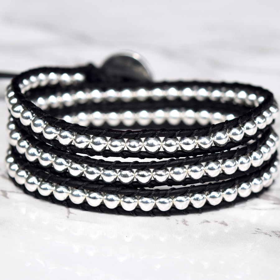 Classic Silver & Black Three Layer Wrap Bracelet