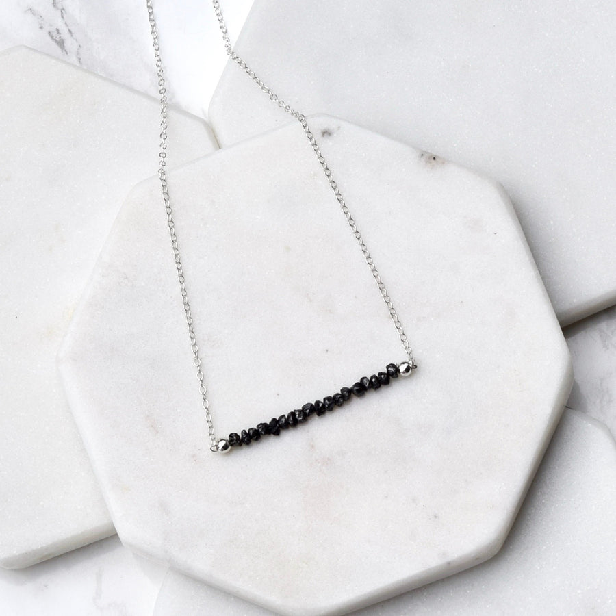 black diamond raw nuggets sterling silver bar necklace