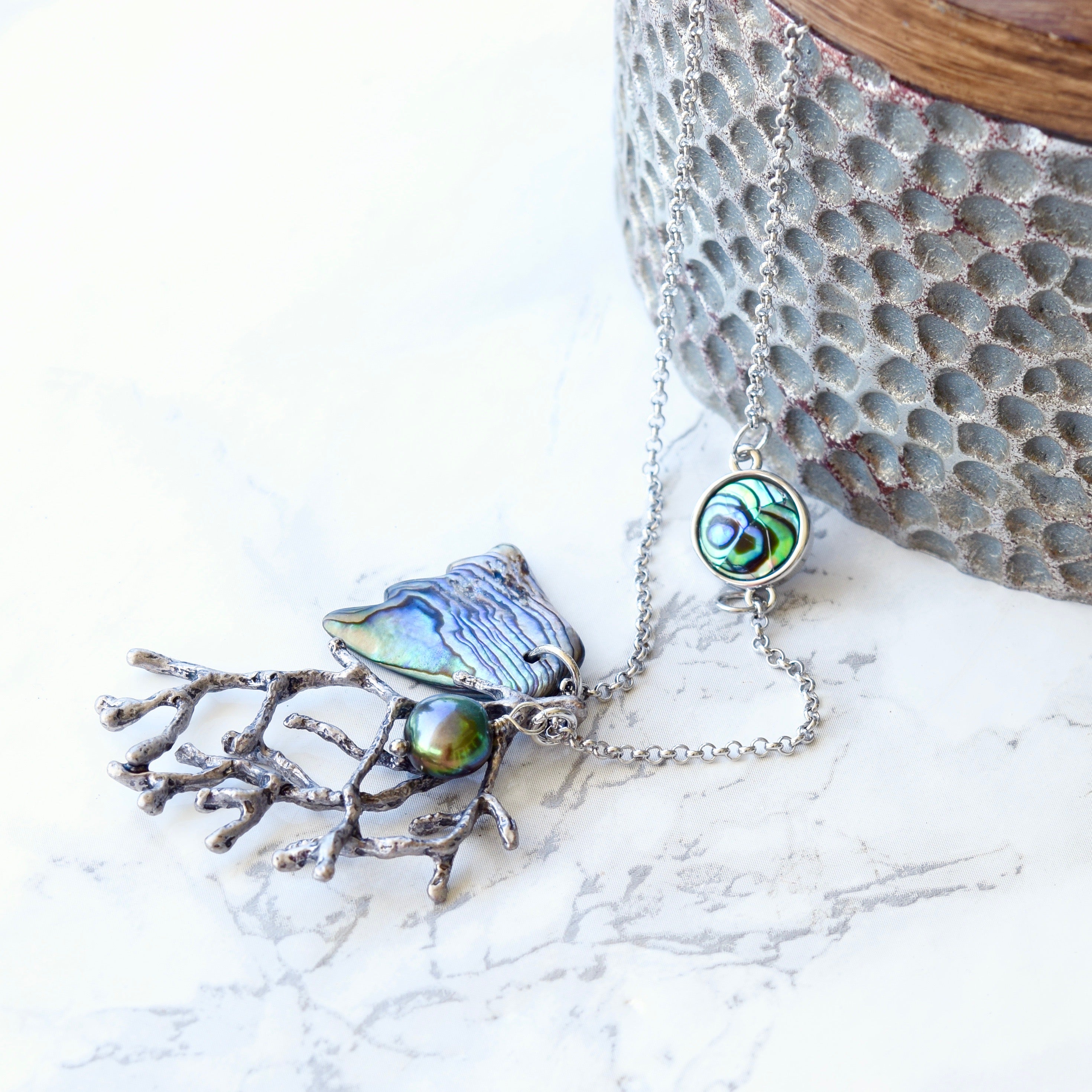 Blue dyed pearls and heavy sterling silver necklace with branch coral