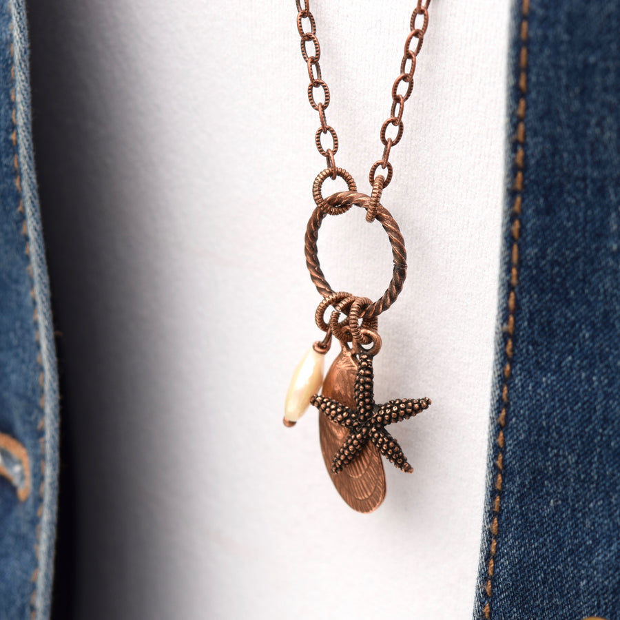Long Copper & Pearl Beach Charm Necklace