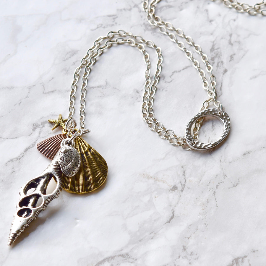bluefish bohemian beach charm seashell necklace in mixed metals