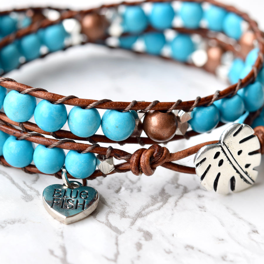 Beaded Turquoise Leather Wrap Bracelet With Monstera Button