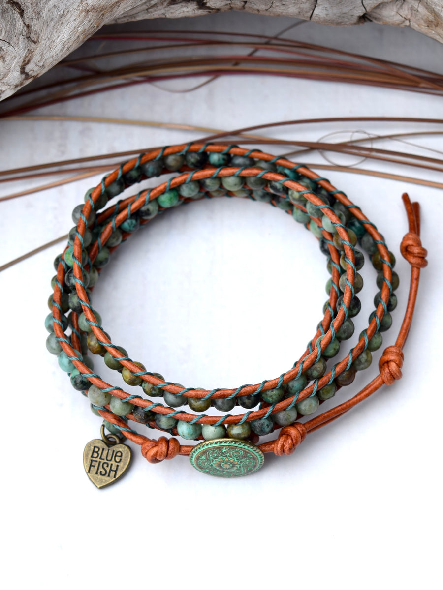 Beaded Leather African Turquoise Wrap Bracelet