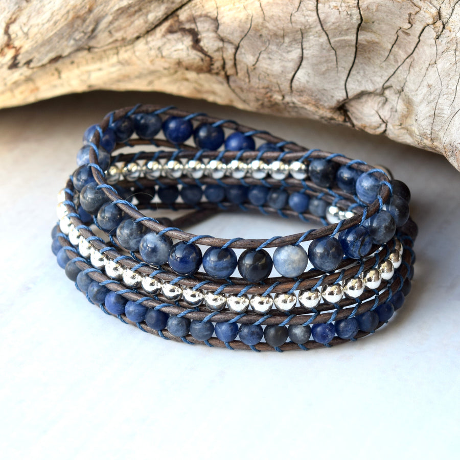 Blue Sodalite & Silver Wrap Bracelet ~ Sterling Silver Button