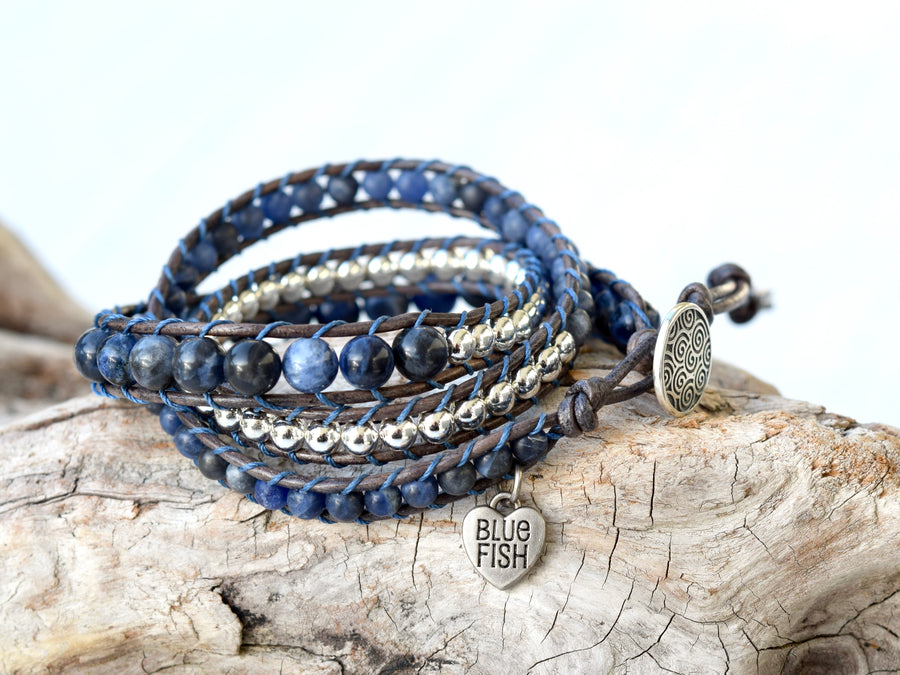 Blue Sodalite & Silver Wrap Bracelet ~ Sterling Silver Button