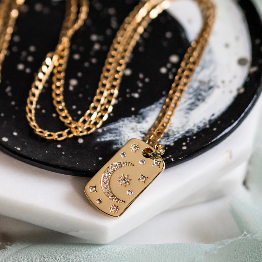 Gold Moon & Stars Tag Statement Necklace ~ Layering Necklace