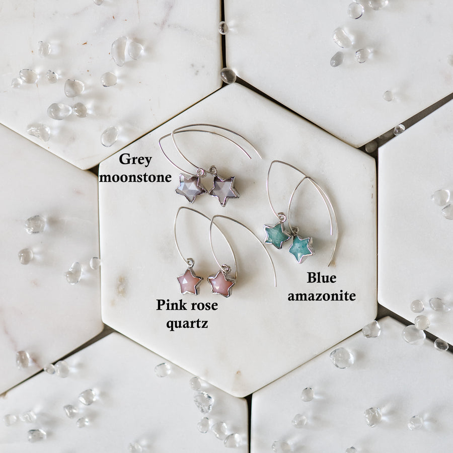 Star Drop Earrings ~ Choose Rose Quartz, Grey Moonstone, or Amazonite Gemstones