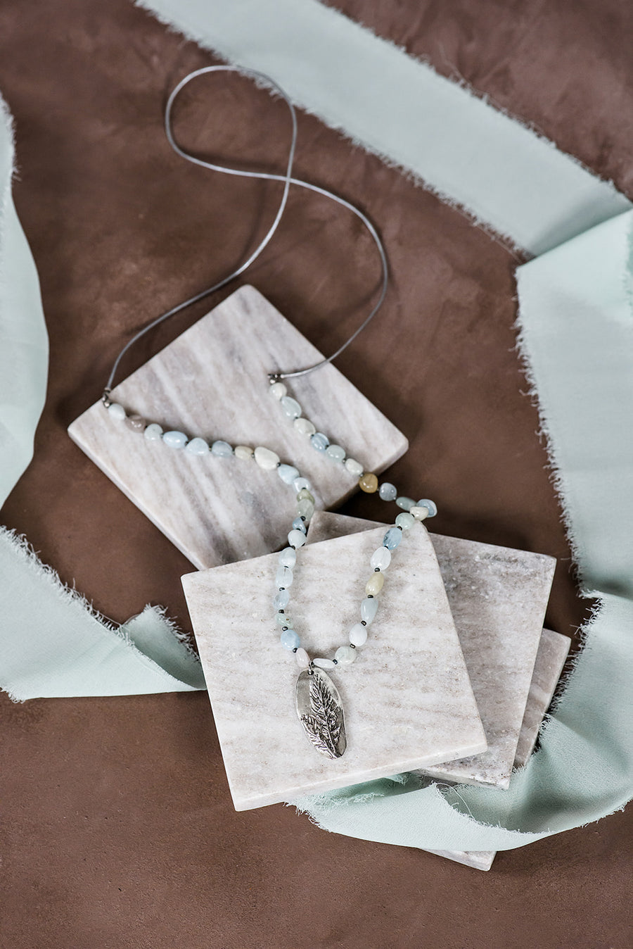 Aquamarine Pebble & Leather Boho Necklace