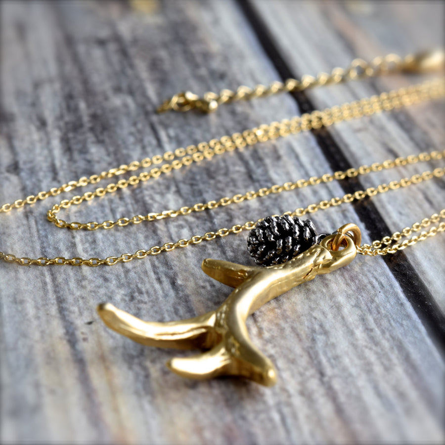 Gold Antler Necklace ~ Silver Pine Cone