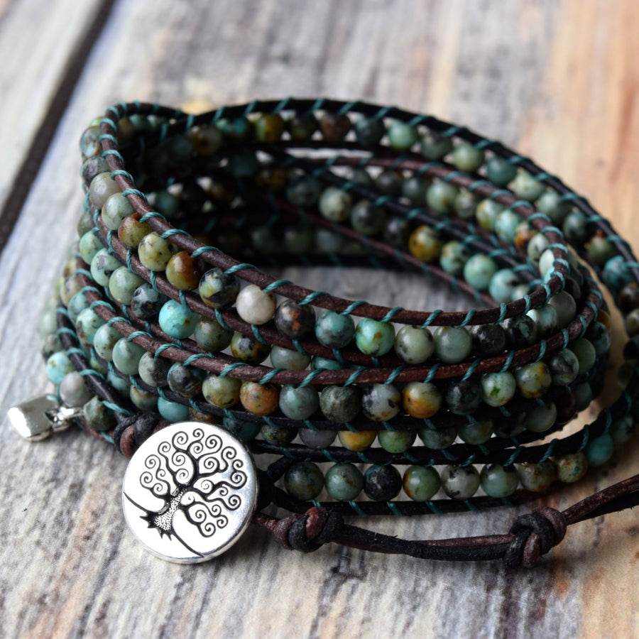 Classic African Turquoise 5-Wrap Bracelet & Tree of Life Button