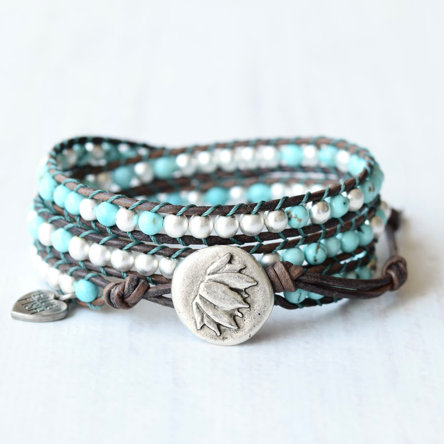 Beaded Boho Turquoise Howlite & Silver Wrap Bracelet