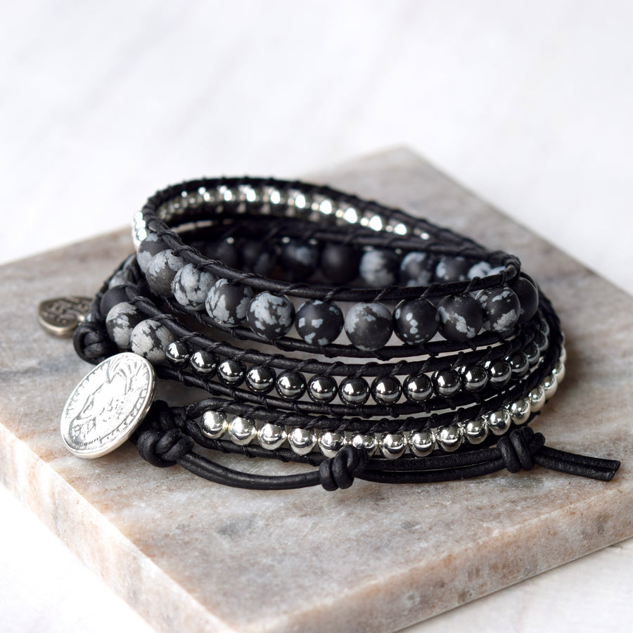Black Beaded Leather Wrap Bracelet
