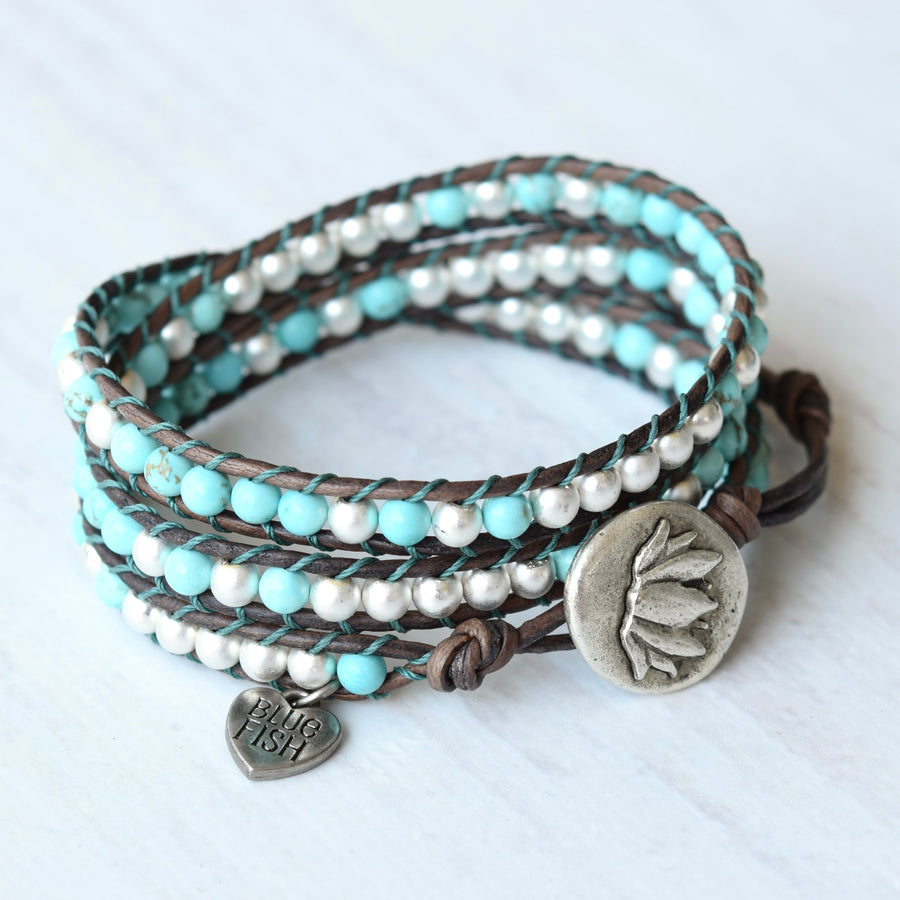 Beaded Boho Turquoise Howlite & Silver Wrap Bracelet