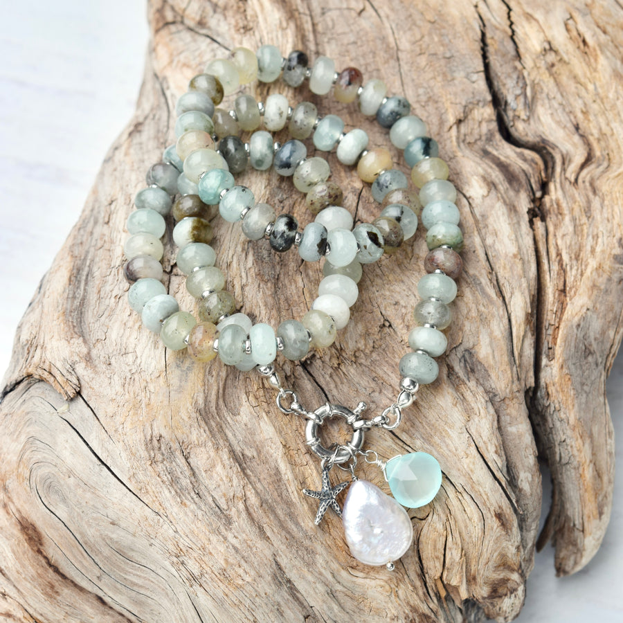 Natural Jade Beaded Statement Necklace, Aqua Chalcedony, Pearl, & Sterling Starfish Charms