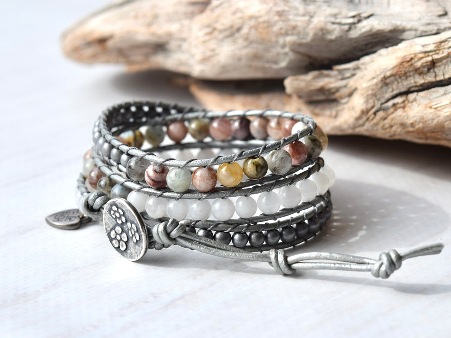 Morganite & Moonstone Silver Beaded Wrap Bracelet