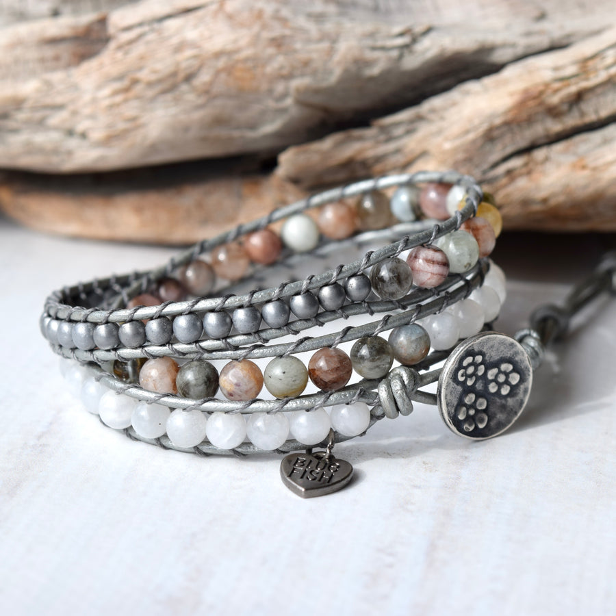 Morganite & Moonstone Silver Beaded Wrap Bracelet