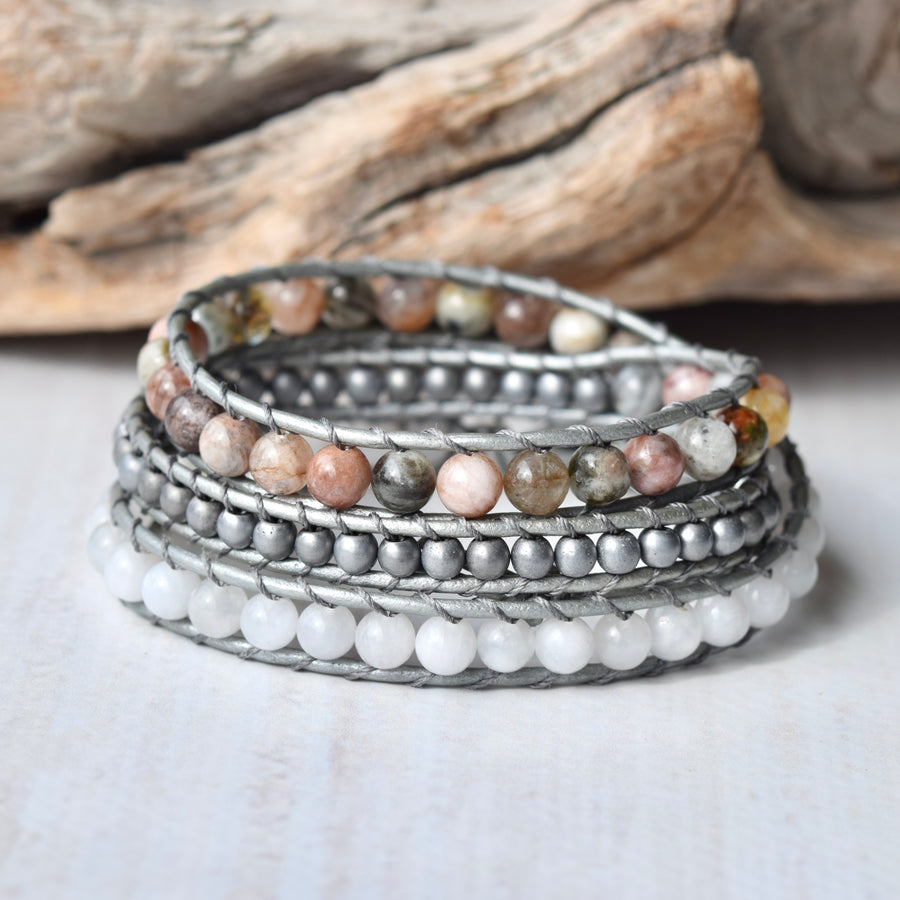 Morganite & Moonstone Silver Beaded Wrap Bracelet