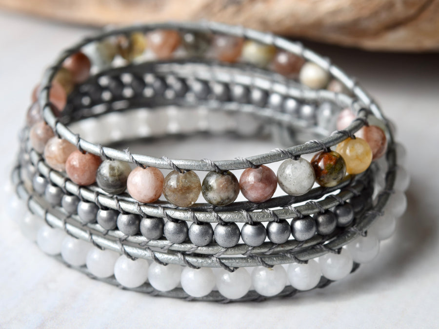 Morganite & Moonstone Silver Beaded Wrap Bracelet