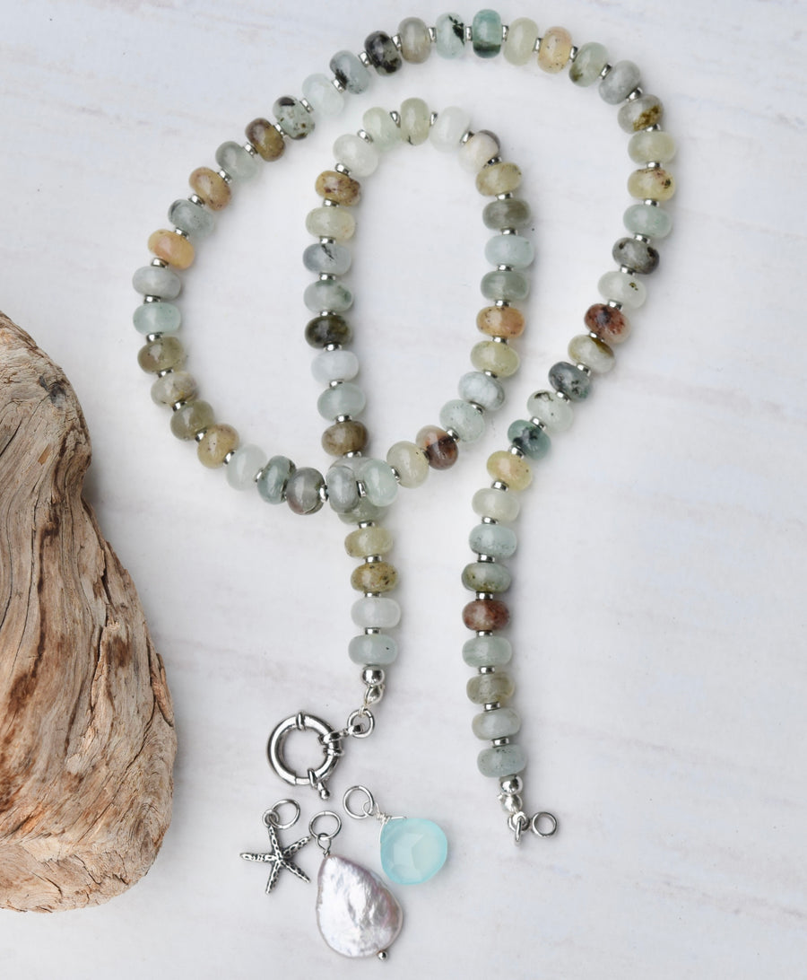 Natural Jade Beaded Statement Necklace, Aqua Chalcedony, Pearl, & Sterling Starfish Charms