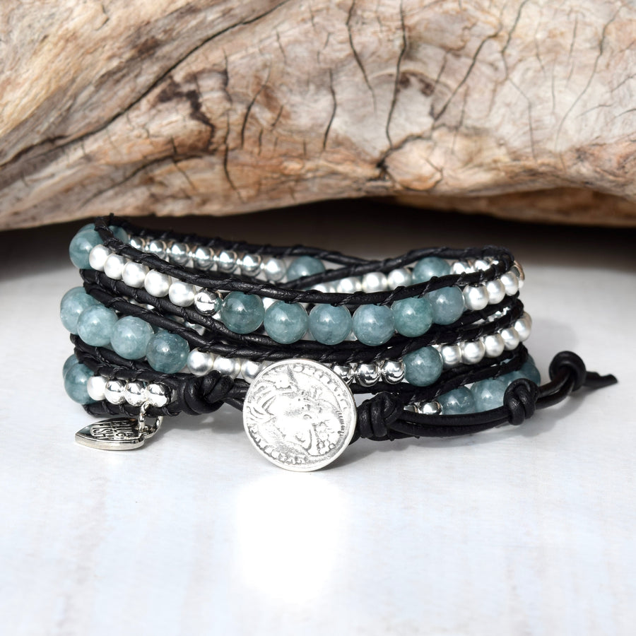 Mixed Blue Jade & Silver Black Leather Boho Wrap Bracelet