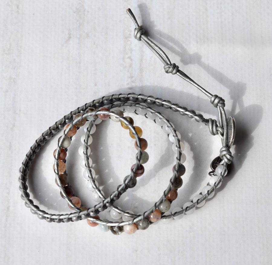 Morganite & Moonstone Silver Beaded Wrap Bracelet
