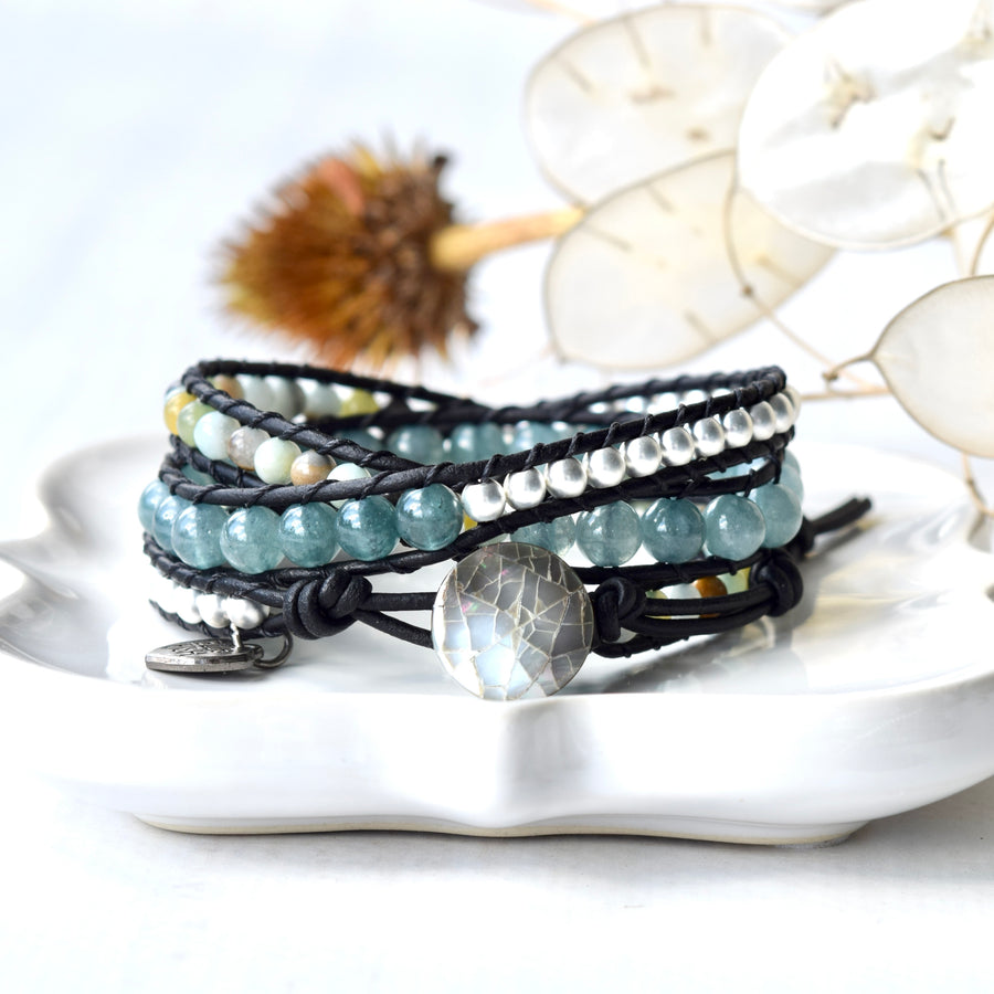 Blue Jade, Silver, & Amazonite Beaded Wrap Bracelet