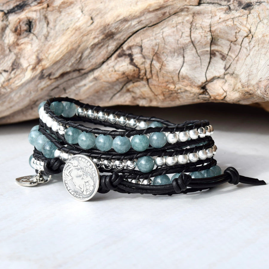 Mixed Blue Jade & Silver Black Leather Boho Wrap Bracelet