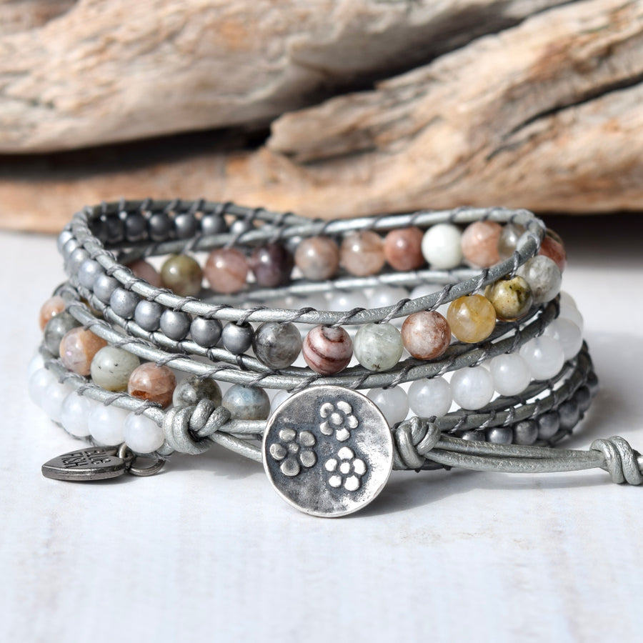 Morganite & Moonstone Silver Beaded Wrap Bracelet