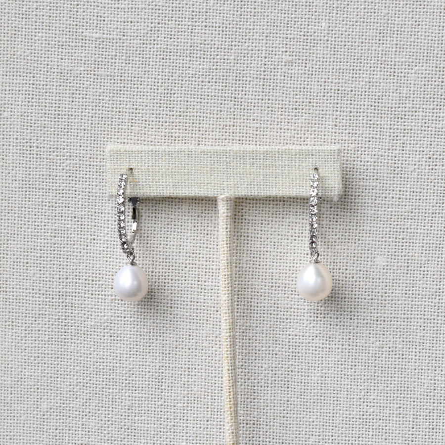 Genuine Silver Pearl Drop Sparkly Hoop Earrings ~ High Quality Pearls & Cubic Zirconia
