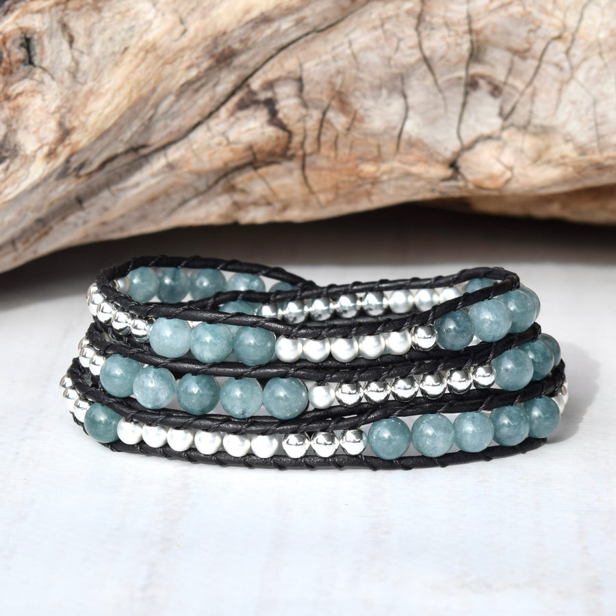 Mixed Blue Jade & Silver Black Leather Boho Wrap Bracelet