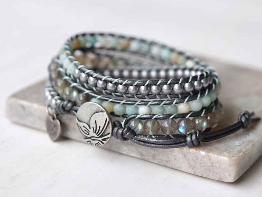 Handmade Labradorite Beaded Leather Wrap Bracelet