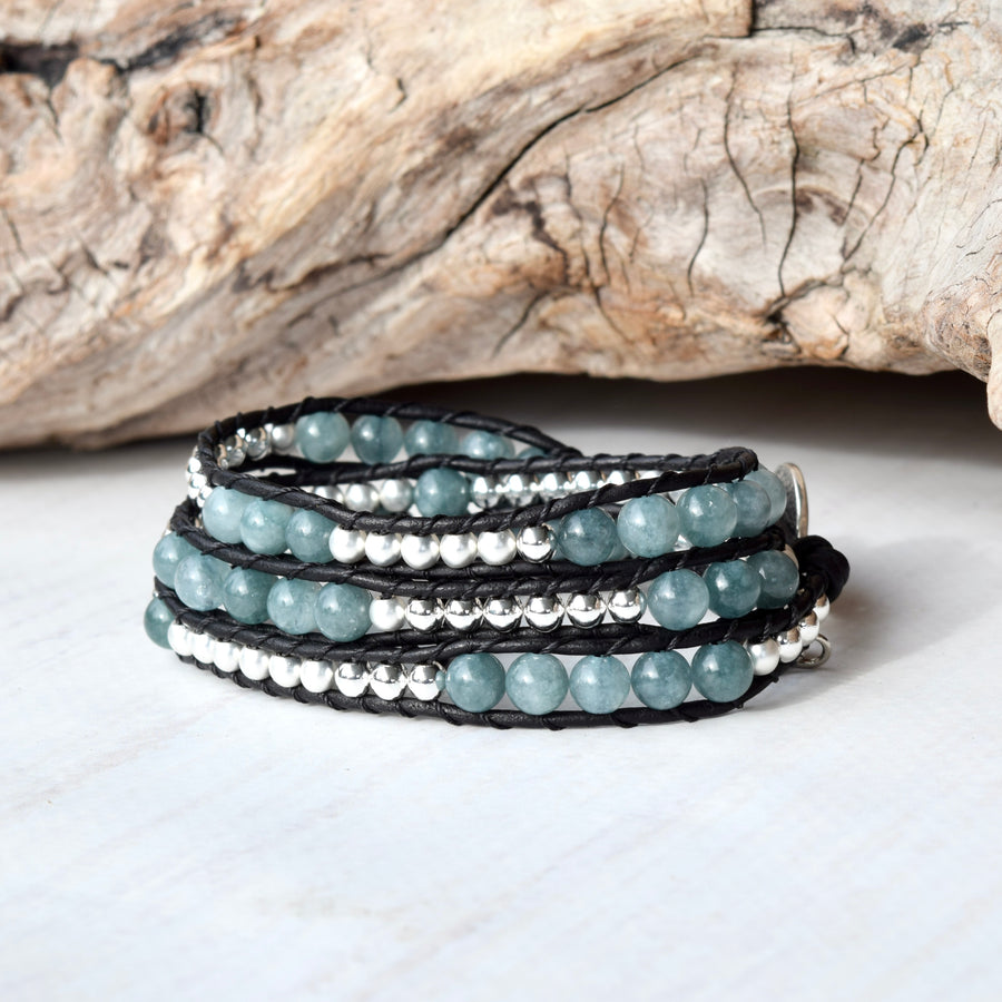 Mixed Blue Jade & Silver Black Leather Boho Wrap Bracelet