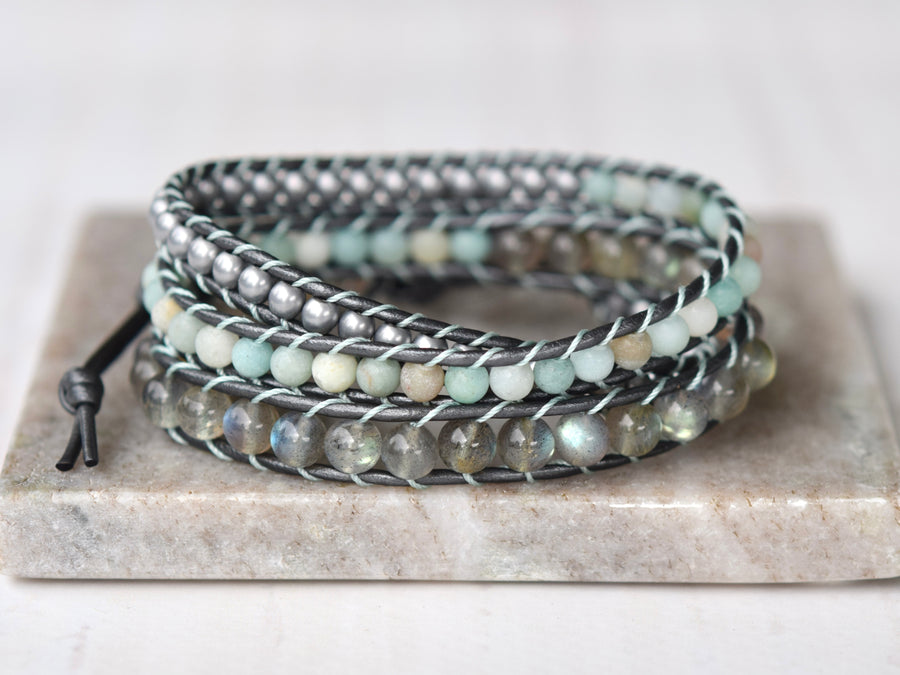 Handmade Labradorite Beaded Leather Wrap Bracelet