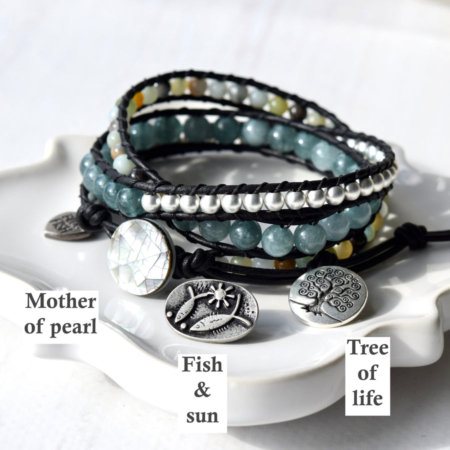 Blue Jade, Silver, & Amazonite Beaded Wrap Bracelet