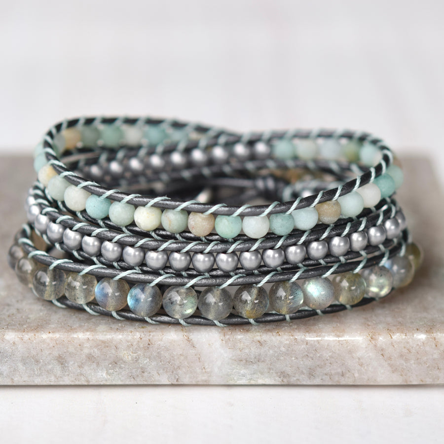 Handmade Labradorite Beaded Leather Wrap Bracelet