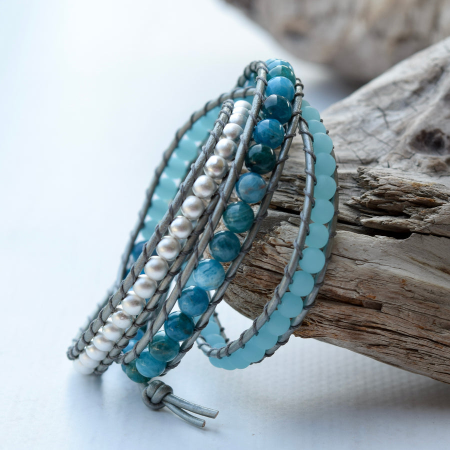 Summer Blue Apatite, Recycled Glass, & Silver Hematite Wrap Bracelet