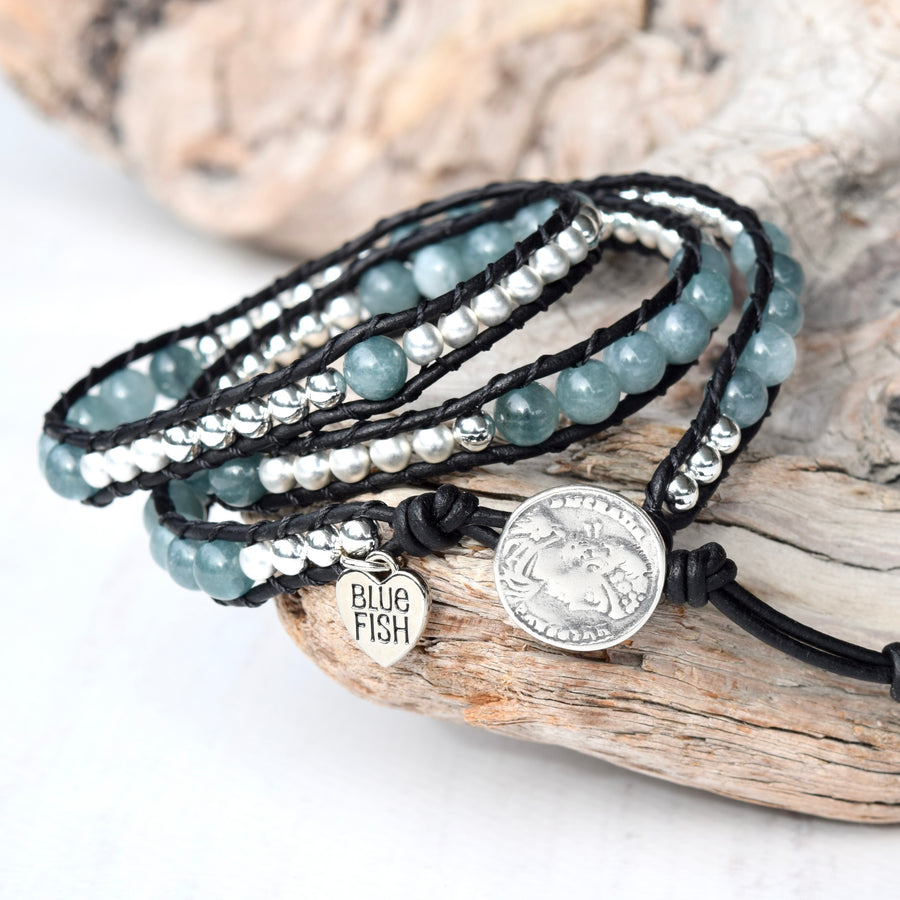 Mixed Blue Jade & Silver Black Leather Boho Wrap Bracelet