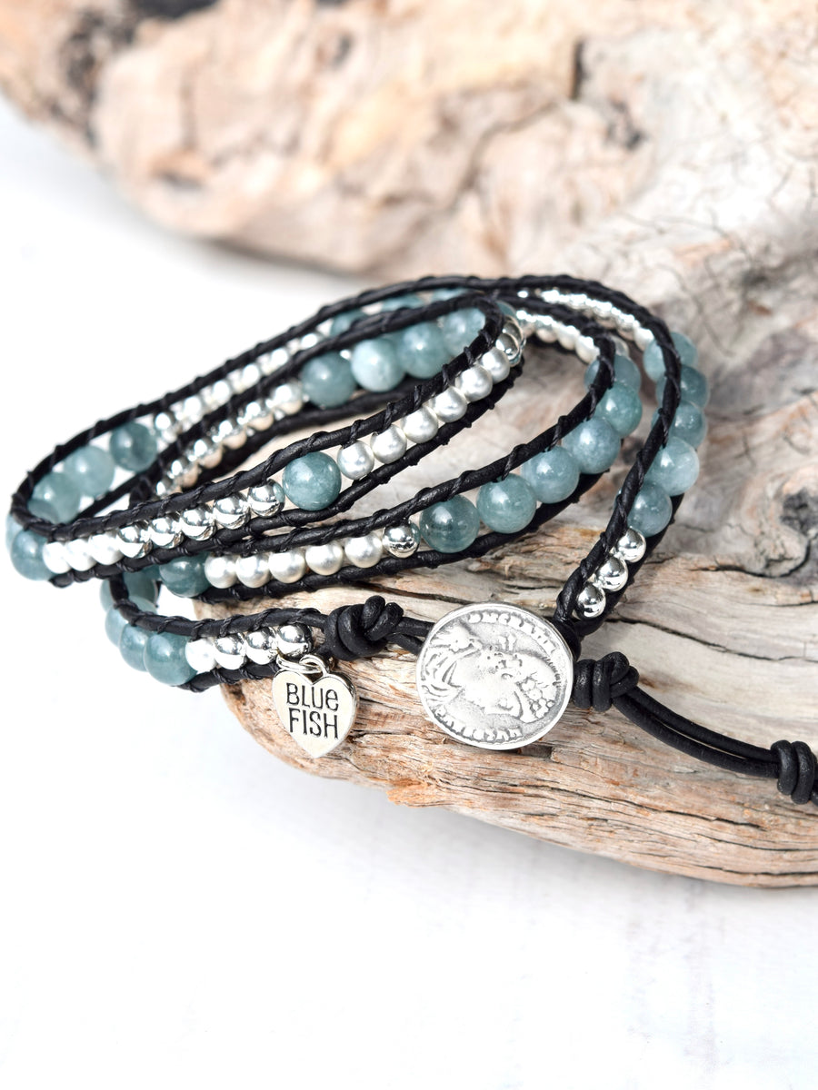 Mixed Blue Jade & Silver Black Leather Boho Wrap Bracelet