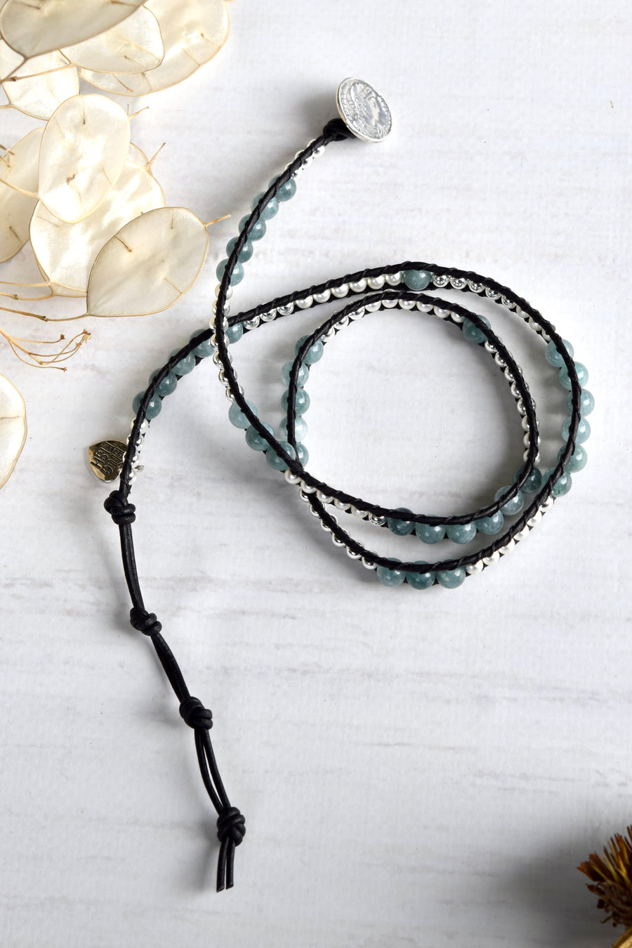 Mixed Blue Jade & Silver Black Leather Boho Wrap Bracelet