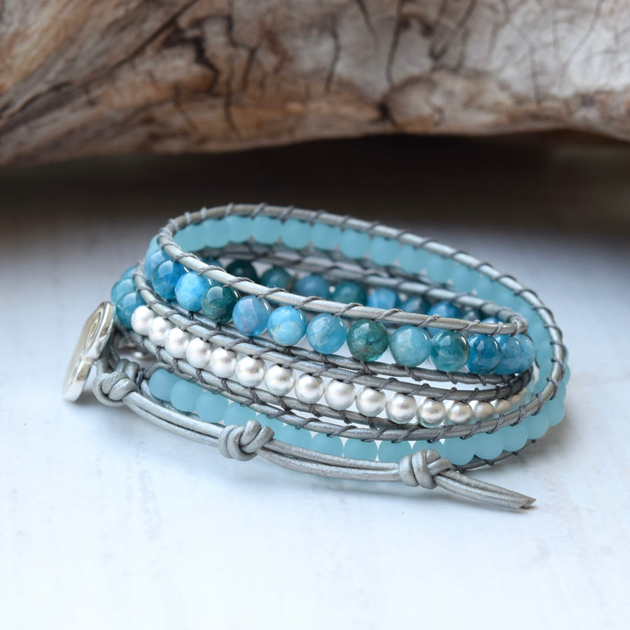 Summer Blue Apatite, Recycled Glass, & Silver Hematite Wrap Bracelet