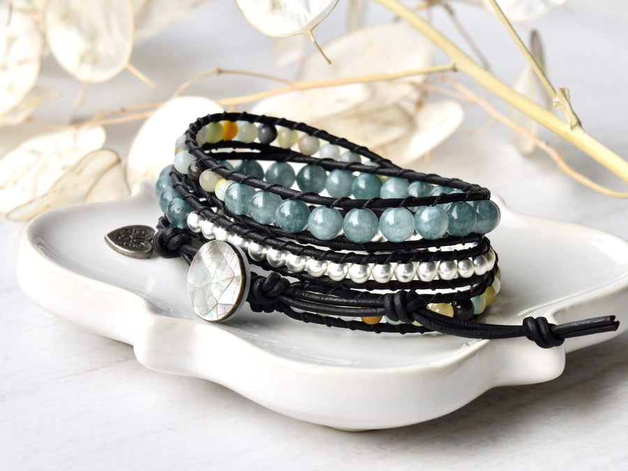 Blue Jade, Silver, & Amazonite Beaded Wrap Bracelet