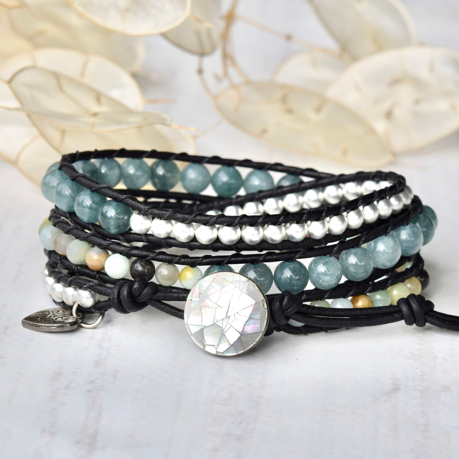 Blue Jade, Silver, & Amazonite Beaded Wrap Bracelet