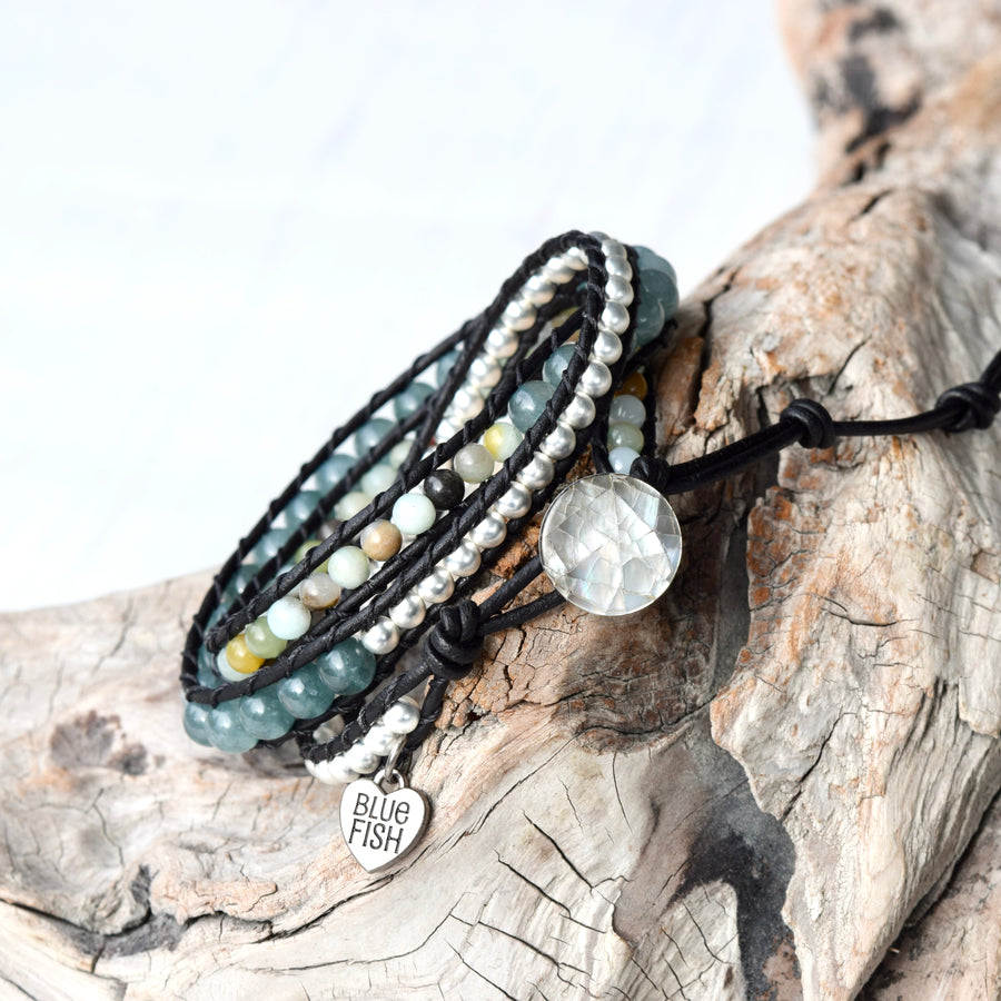 Blue Jade, Silver, & Amazonite Beaded Wrap Bracelet