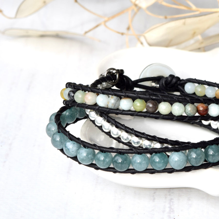 Blue Jade, Silver, & Amazonite Beaded Wrap Bracelet