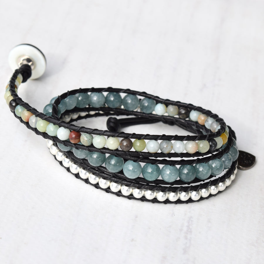 Blue Jade, Silver, & Amazonite Beaded Wrap Bracelet